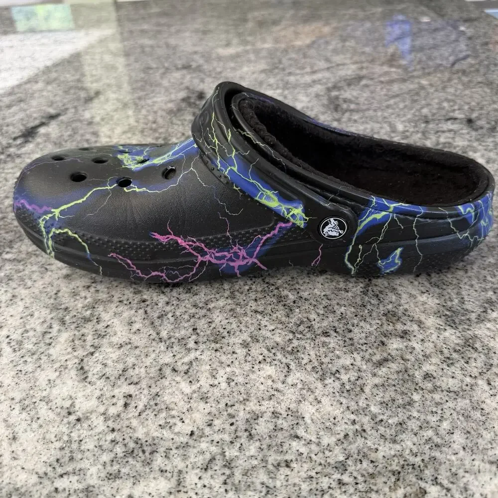 CROCS Classic Lined Clogs Black w Multicolor Lightning Bolts- Men's 8/Women's 10